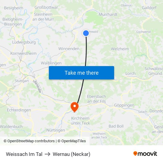 Weissach Im Tal to Wernau (Neckar) map