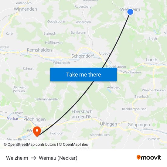 Welzheim to Wernau (Neckar) map