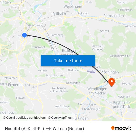 Hauptbf (A.-Klett-Pl.) to Wernau (Neckar) map