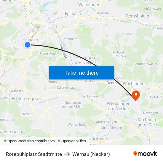 Rotebühlplatz Stadtmitte to Wernau (Neckar) map