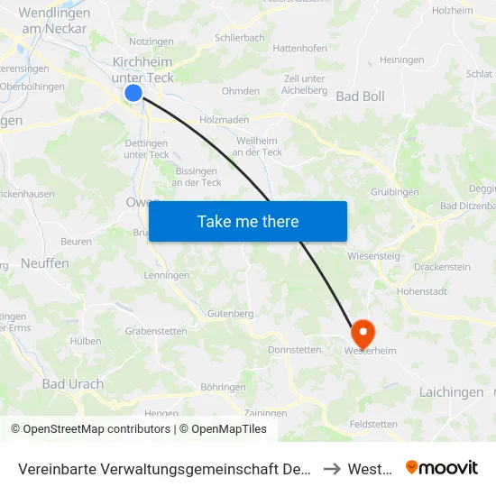 Vereinbarte Verwaltungsgemeinschaft Der Stadt Kirchheim Unter Teck to Westerheim map