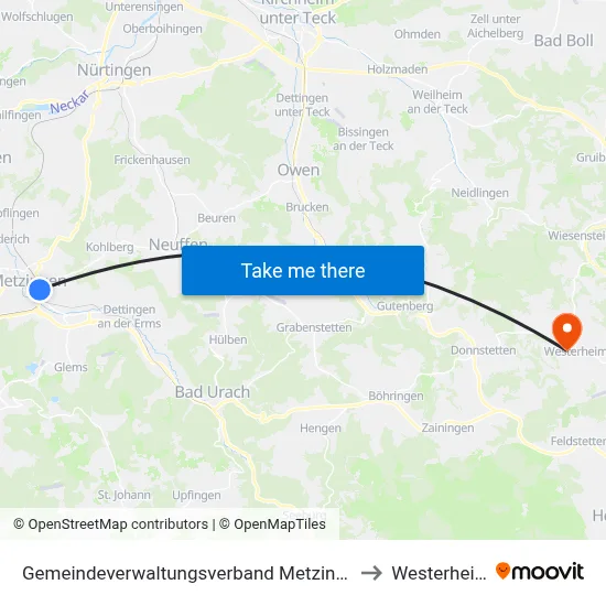Gemeindeverwaltungsverband Metzingen to Westerheim map