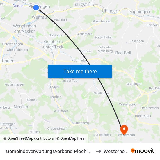 Gemeindeverwaltungsverband Plochingen to Westerheim map