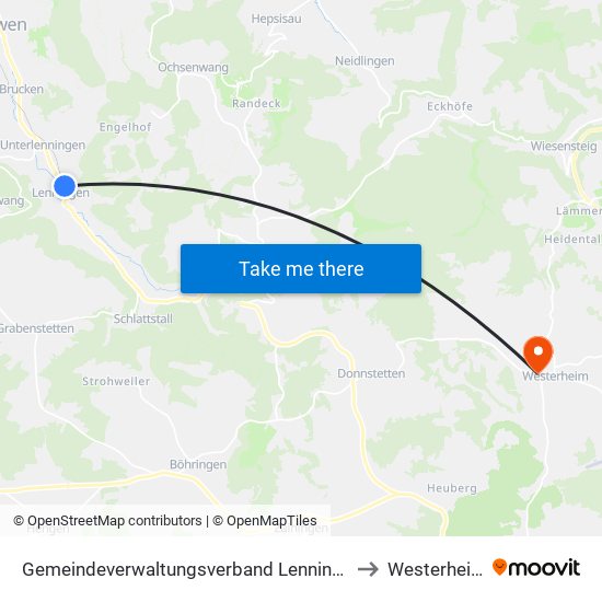 Gemeindeverwaltungsverband Lenningen to Westerheim map