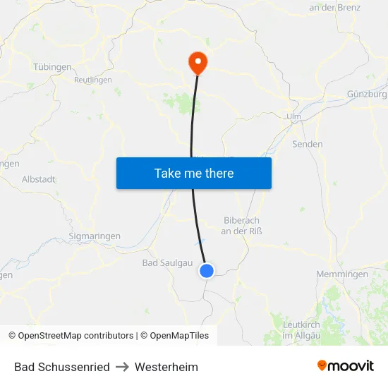 Bad Schussenried to Westerheim map