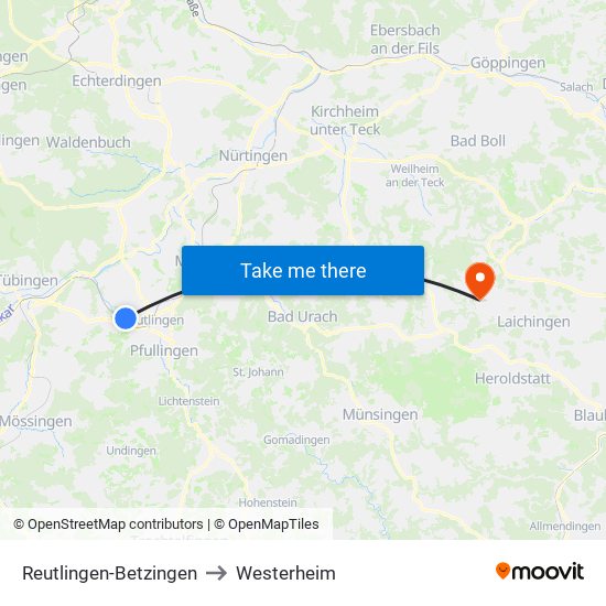 Reutlingen-Betzingen to Westerheim map