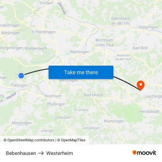 Bebenhausen to Westerheim map