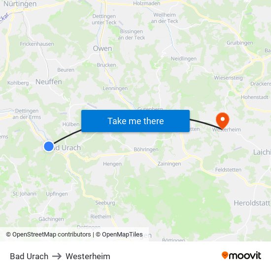 Bad Urach to Westerheim map