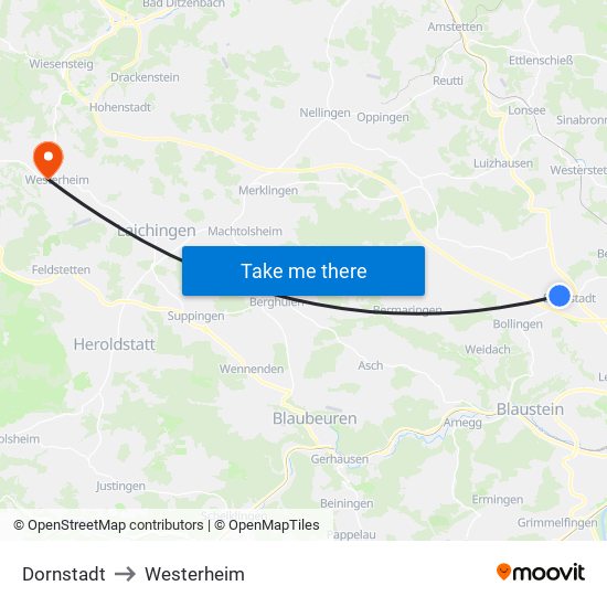 Dornstadt to Westerheim map