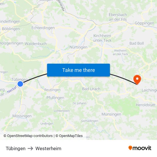 Tübingen to Westerheim map
