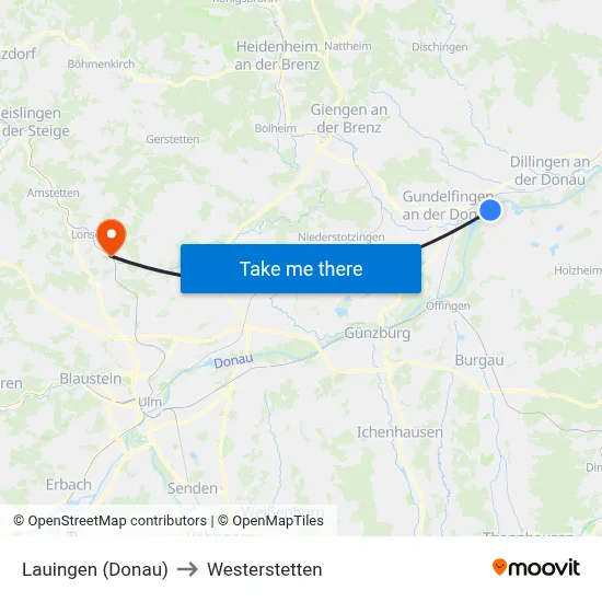 Lauingen (Donau) to Westerstetten map