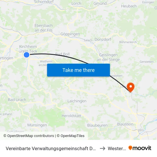 Vereinbarte Verwaltungsgemeinschaft Der Stadt Kirchheim Unter Teck to Westerstetten map