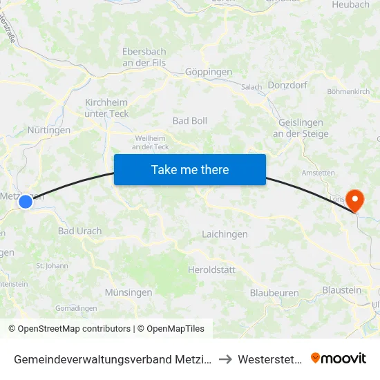 Gemeindeverwaltungsverband Metzingen to Westerstetten map