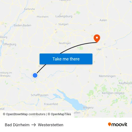Bad Dürrheim to Westerstetten map
