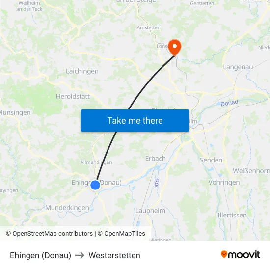 Ehingen (Donau) to Westerstetten map