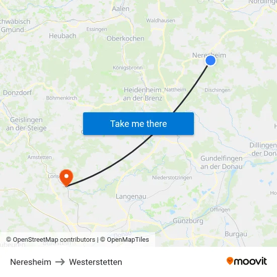 Neresheim to Westerstetten map