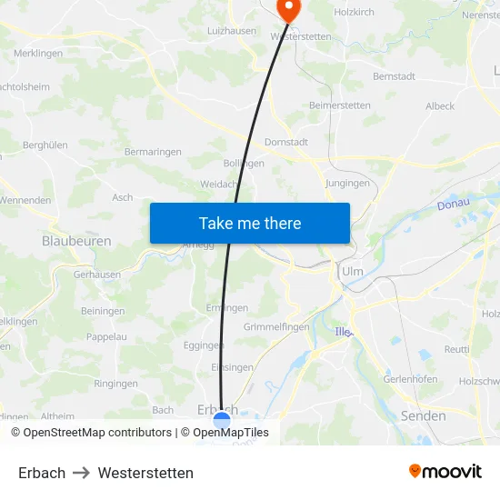 Erbach to Westerstetten map