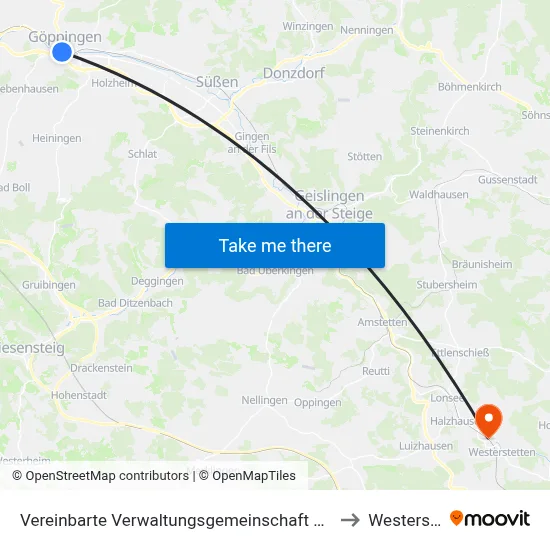 Vereinbarte Verwaltungsgemeinschaft Der Stadt Göppingen to Westerstetten map