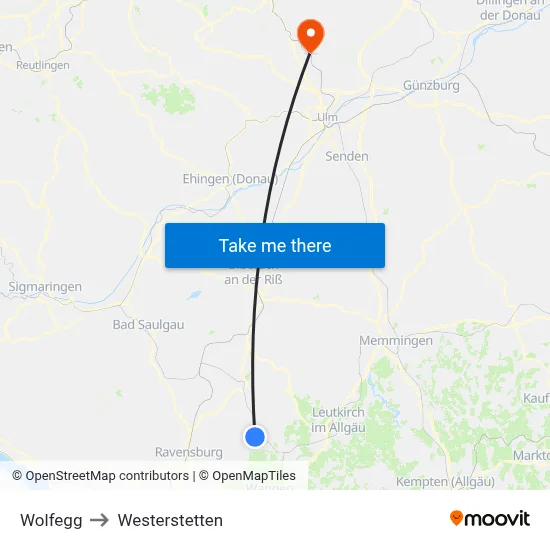Wolfegg to Westerstetten map