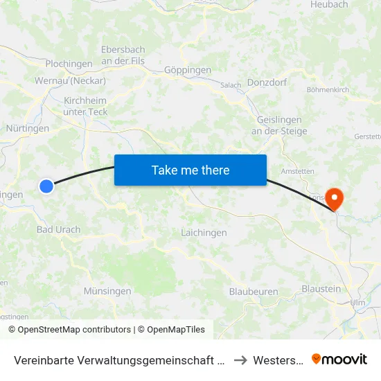 Vereinbarte Verwaltungsgemeinschaft Der Stadt Neuffen to Westerstetten map