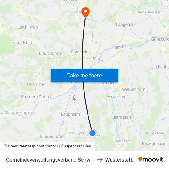 Gemeindeverwaltungsverband Schwendi to Westerstetten map