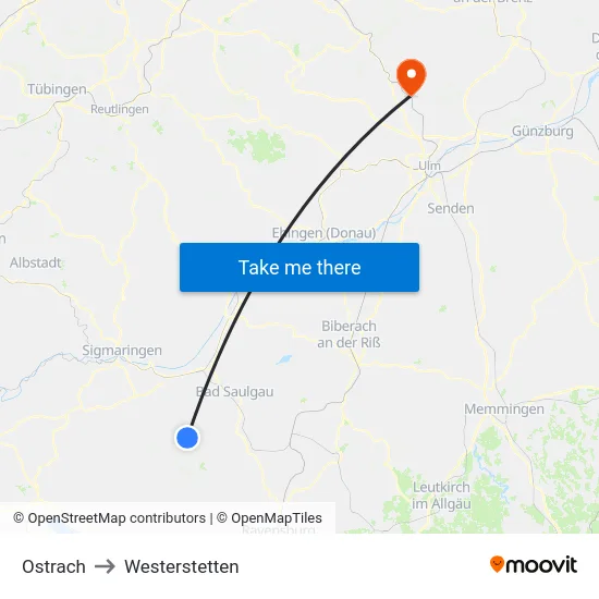 Ostrach to Westerstetten map