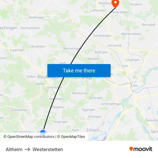 Altheim to Westerstetten map