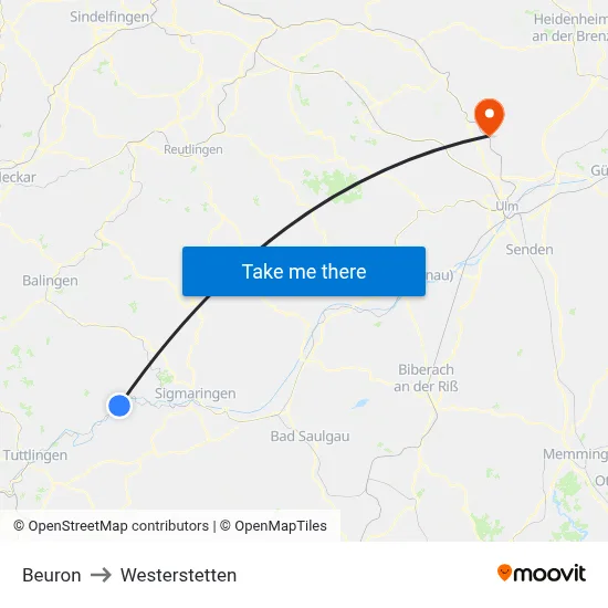 Beuron to Westerstetten map