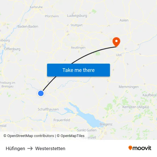 Hüfingen to Westerstetten map