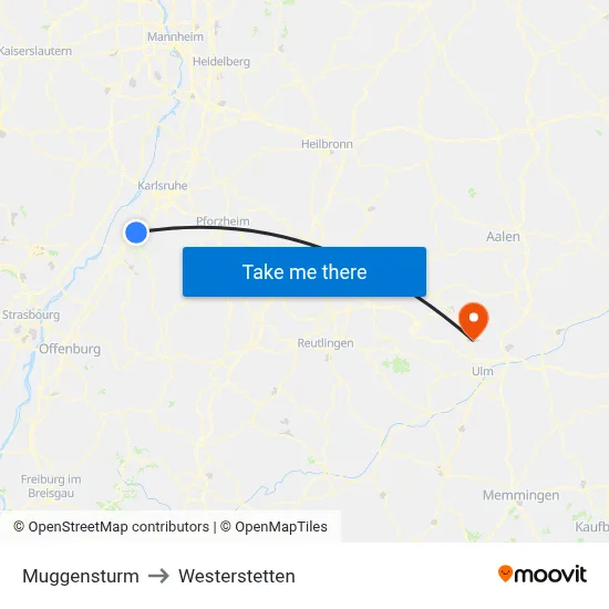 Muggensturm to Westerstetten map