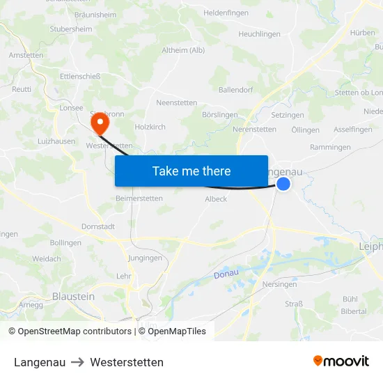 Langenau to Westerstetten map