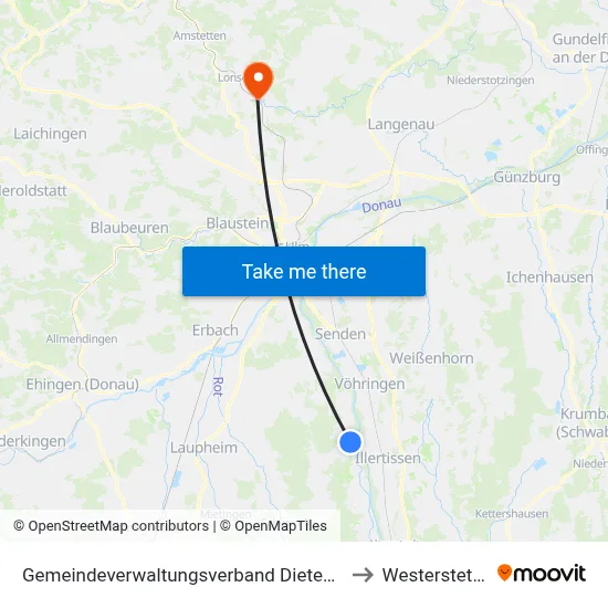 Gemeindeverwaltungsverband Dietenheim to Westerstetten map