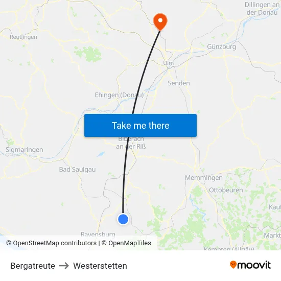 Bergatreute to Westerstetten map