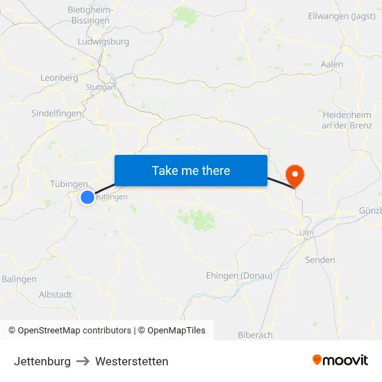 Jettenburg to Westerstetten map