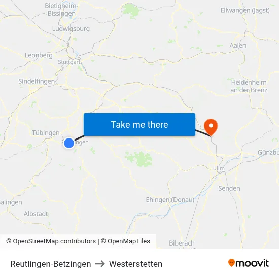 Reutlingen-Betzingen to Westerstetten map
