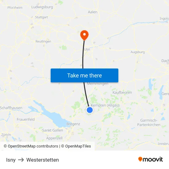 Isny to Westerstetten map