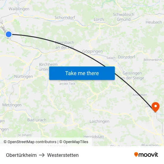 Obertürkheim to Westerstetten map