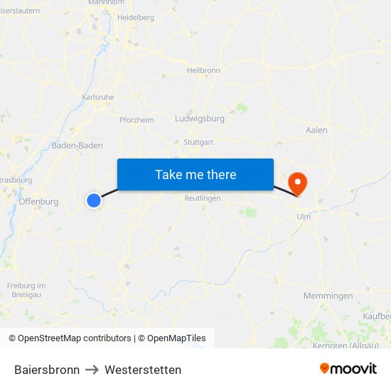 Baiersbronn to Westerstetten map