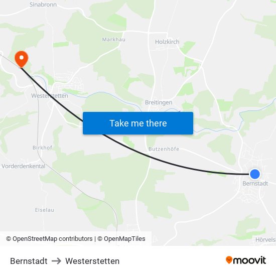 Bernstadt to Westerstetten map