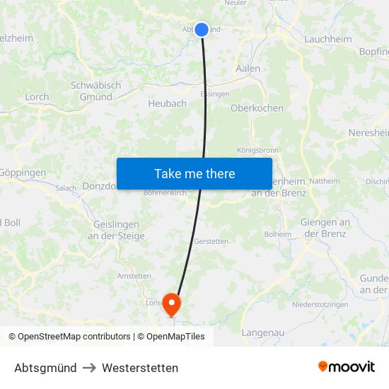 Abtsgmünd to Westerstetten map