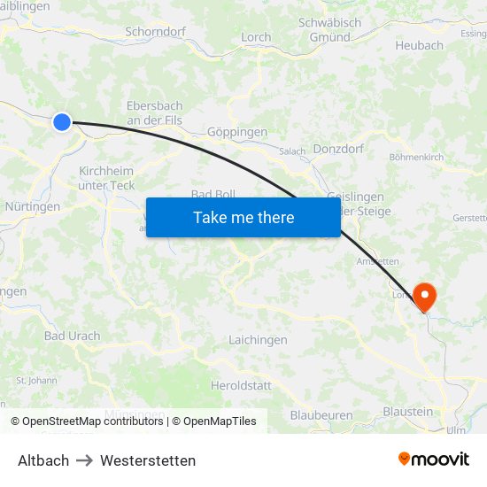 Altbach to Westerstetten map