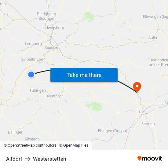 Altdorf to Westerstetten map