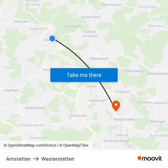 Amstetten to Westerstetten map