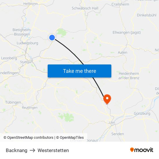 Backnang to Westerstetten map