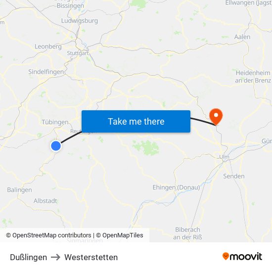 Dußlingen to Westerstetten map