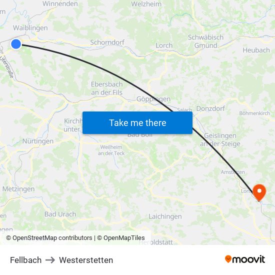Fellbach to Westerstetten map