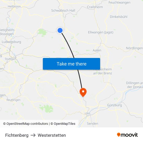 Fichtenberg to Westerstetten map