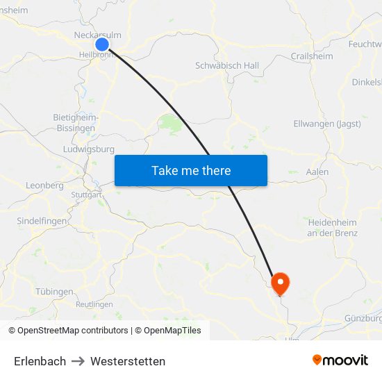 Erlenbach to Westerstetten map