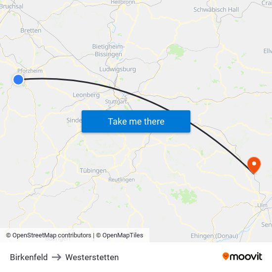 Birkenfeld to Westerstetten map