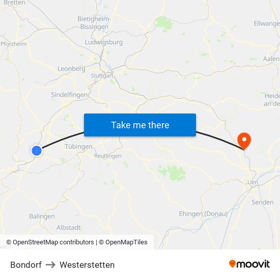 Bondorf to Westerstetten map